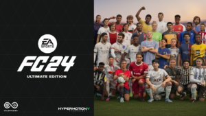 Grafik von EA Sports zum neuen Spiel EA FC24. Virtuelle Spieler posieren für ein Foto.
