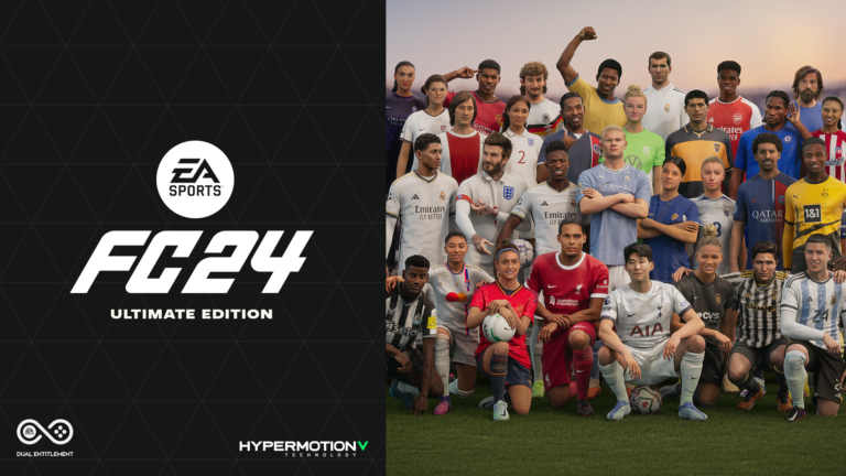 Grafik von EA Sports zum neuen Spiel EA FC24. Virtuelle Spieler posieren für ein Foto.