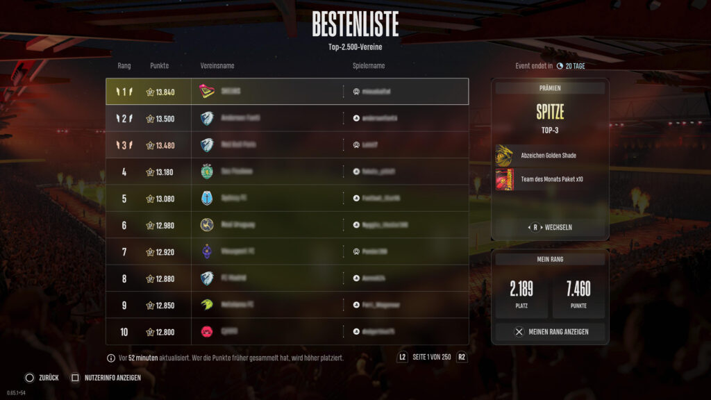 Übersicht der Rangliste in UFL im Dragons Battle.
