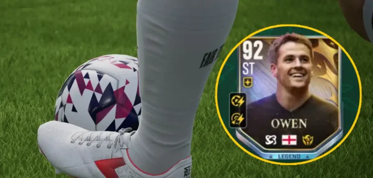 Ball und Schuhe, davor eine runde Grafik von der UFL-Karte von Michael Owen