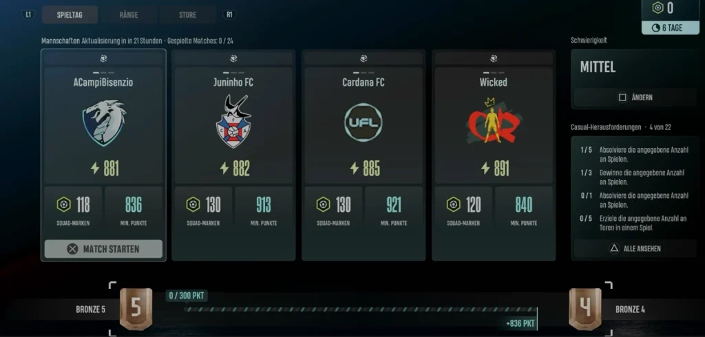Menü der Squad League in UFL