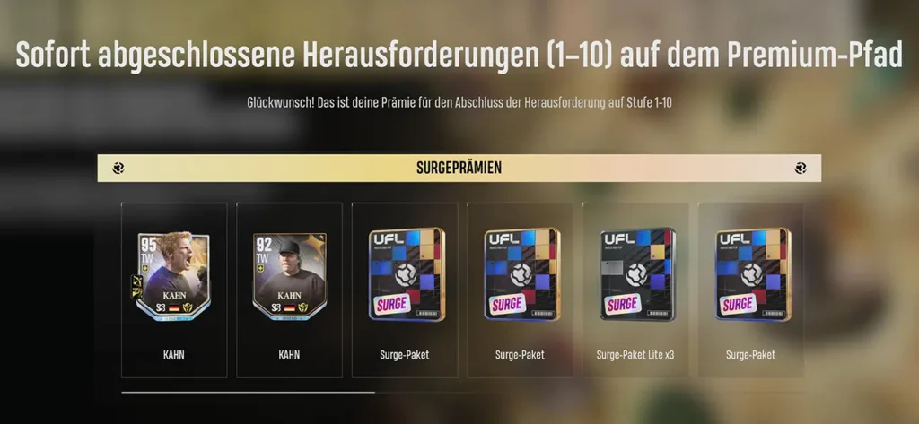 Die Belohungen für das Abschließen aller Herausforderungen im zweiten Surge-Event von UFL. Beste Prämie ist Oliver Kahn 95.